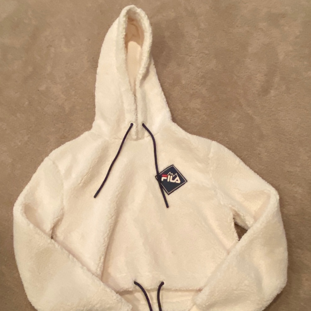 Cream Drawstring Fila Sherpa Cropped Hoodie